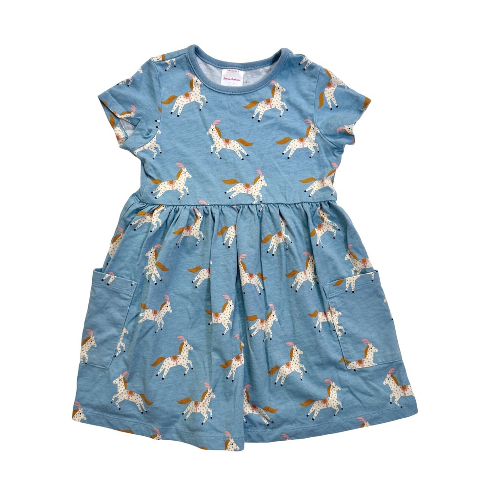 Hanna Andersson Playground Dress Pockets Playful Ponies Size 4 Blue Short Sleeve